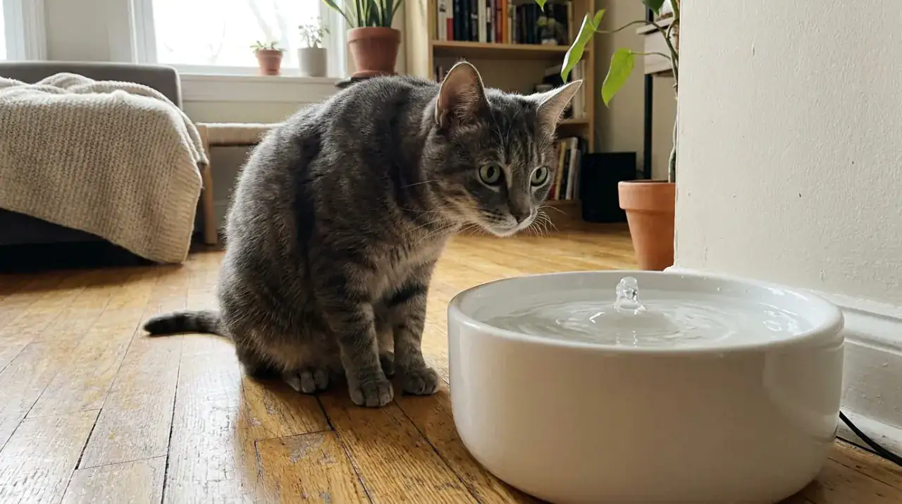 Trinkbrunnen für Katzen sinnvoll: graue Katze schaut auf einen weißen Keramik-Trinkbrunnen