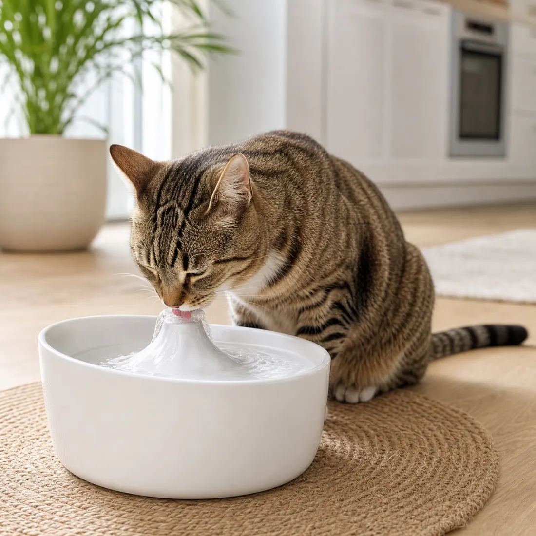 Katze trinkt aus einem Keramik-Trinkbrunnen statt aus dem Napf
