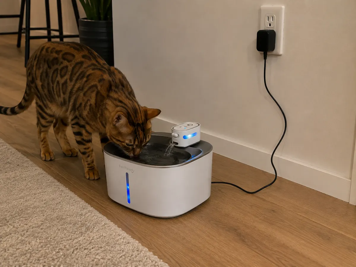 Bengal Katze trinkt aus weißem Akku Katzen Trinkbrunnen